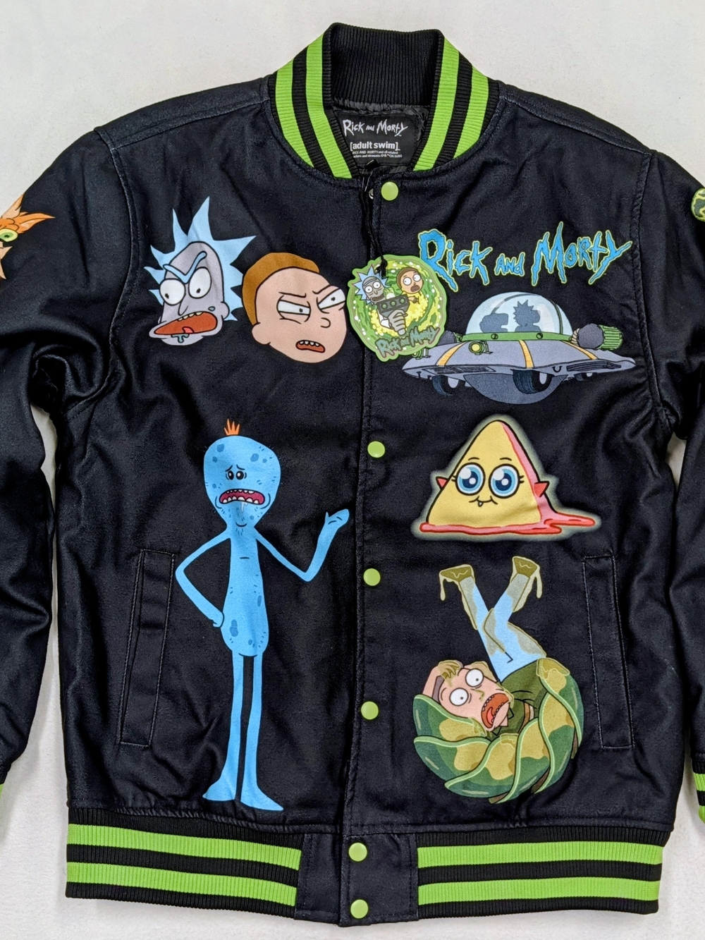 Rick and Morty Adult Swim Varsity Jacket Black Green Button Front Men's L